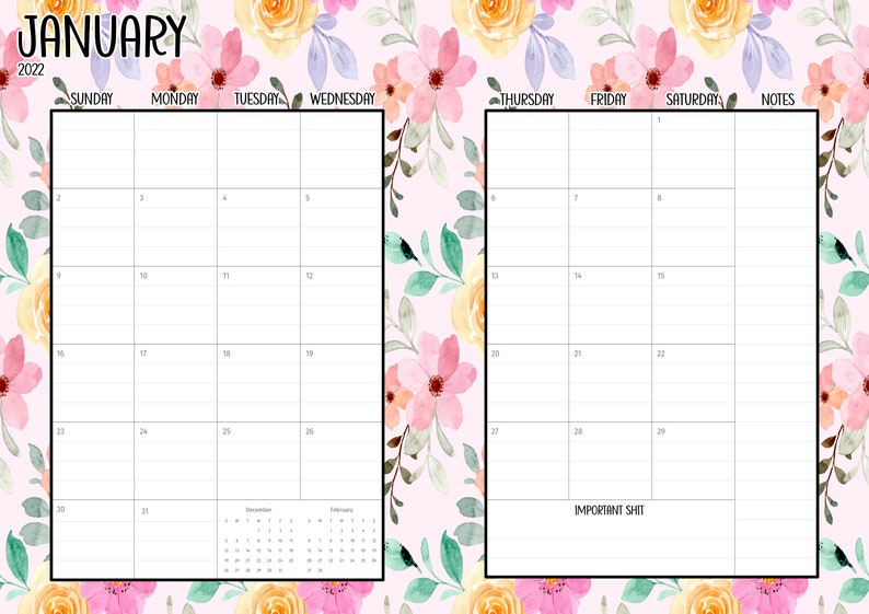 Digital notebook planner in a floral design with the quote this year I'm going to be a lot more cunty. A yearly planner with sections for notes, weekly planning and monthly planning. Funny affirmations throughout. Instant download