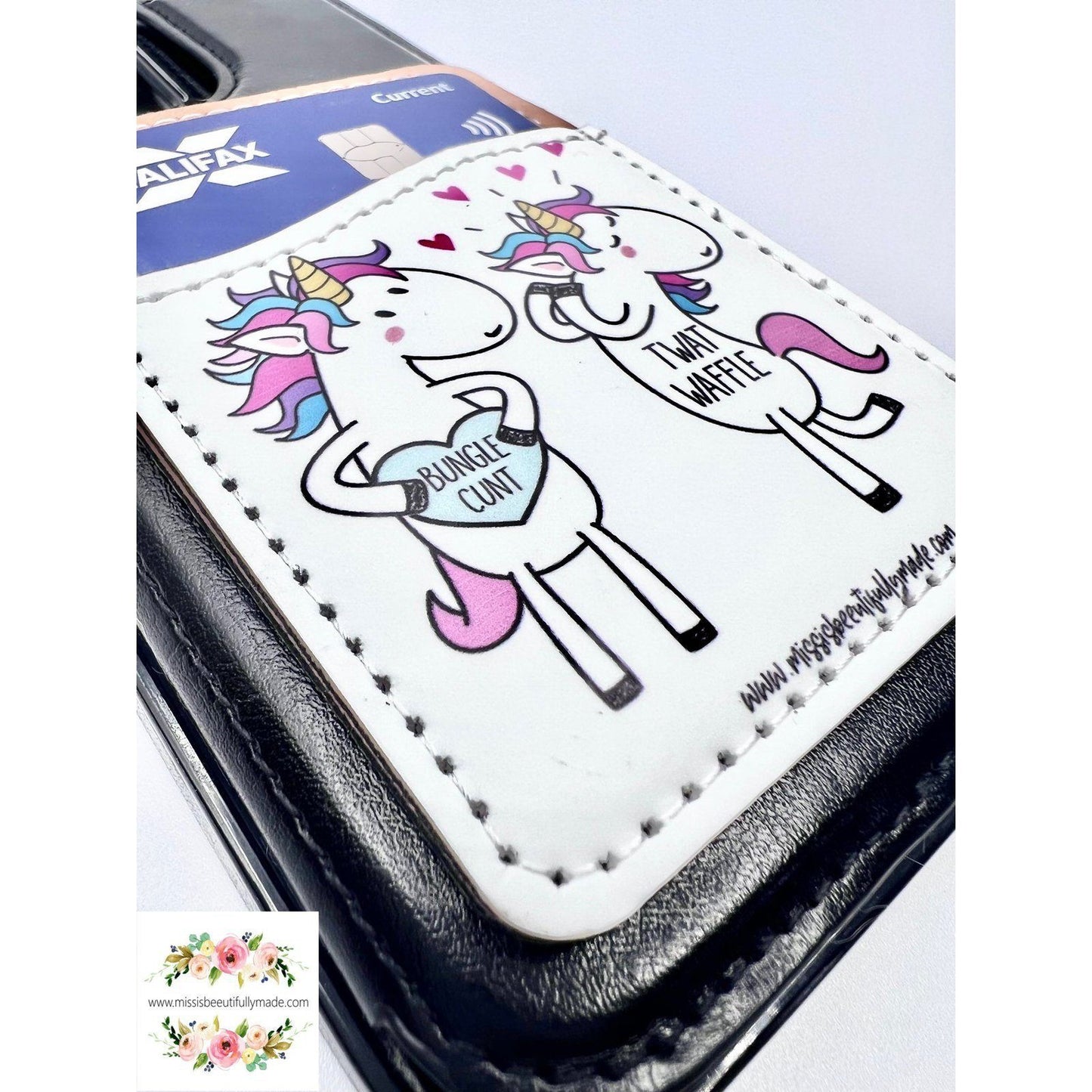 Leather Phone Case Wallet - Unicorn twatwaffle & bunglecunt (white)