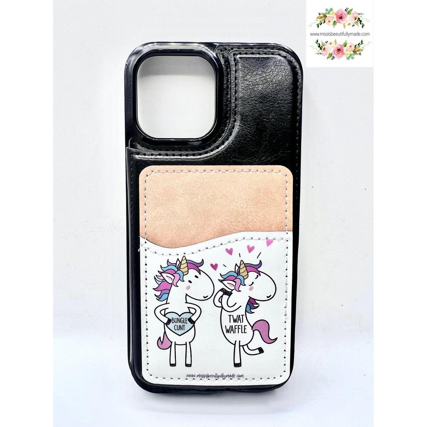 Leather Phone Case Wallet - Unicorn twatwaffle & bunglecunt (white)