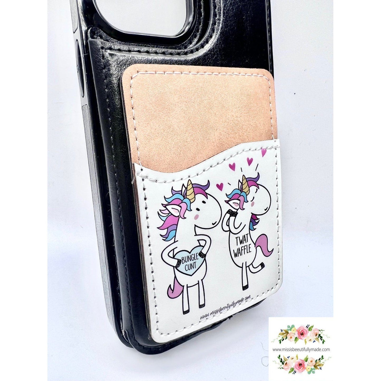 Leather Phone Case Wallet - Unicorn twatwaffle & bunglecunt (white)