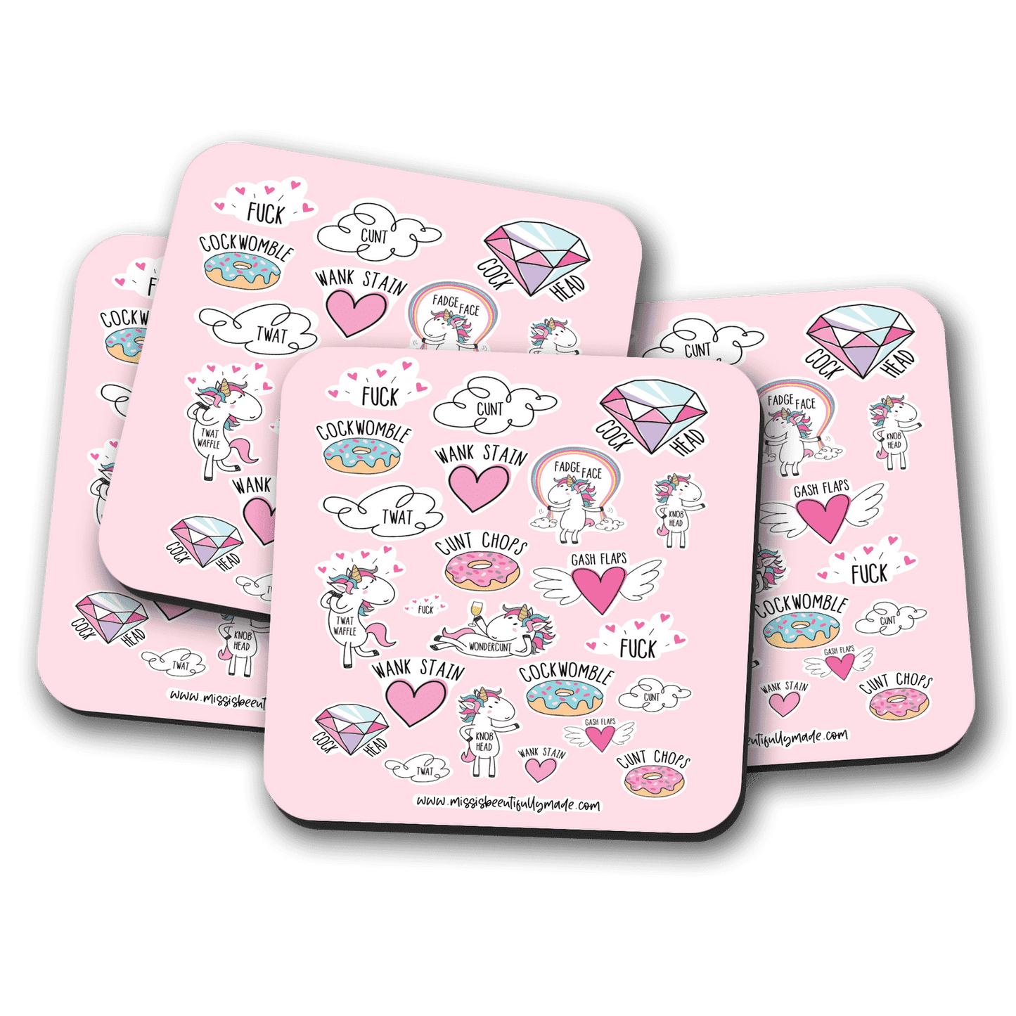 4 pack of coasters with a funny unicorn design to the front. Background colour is pink and contains funny swear words such as, wank stain, cockwomble, cunt chops, cock end, fuck, knob head.