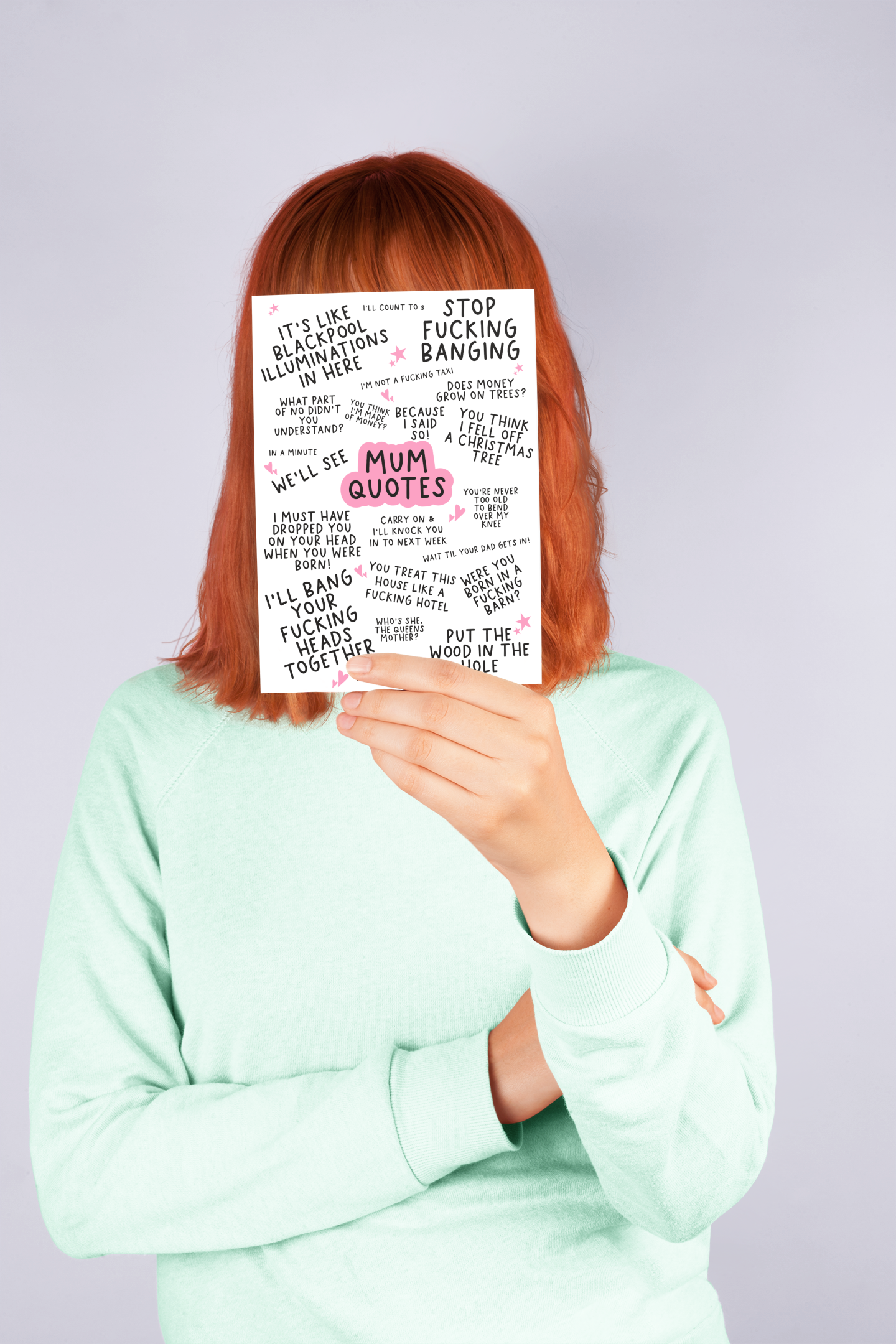 Notebook featuring famous mum quotes which include 'stop fucking banging, it's like blackpool illuminations in here & i'll bang your fucking heads together'.
