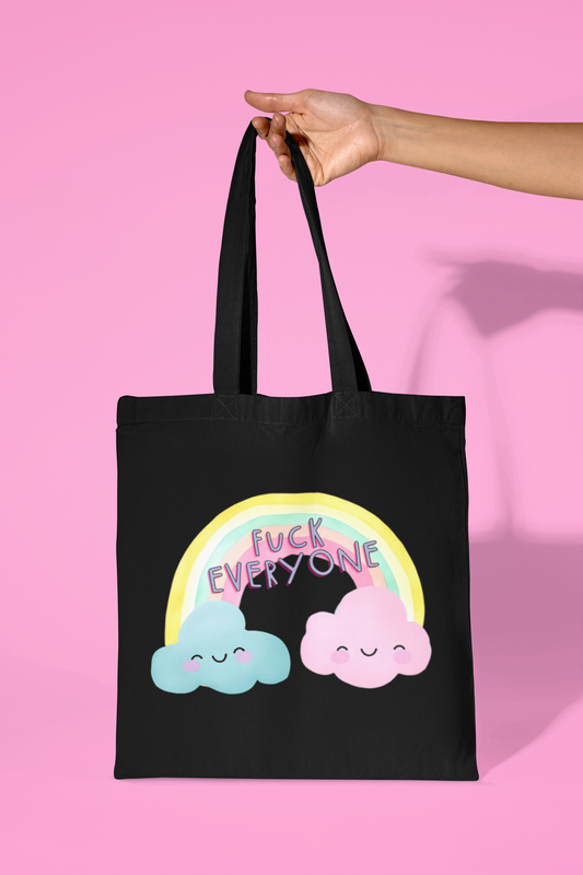 Black Tote Bag With a Pastel Rainbow And The Quote ' Fuck Everyone' 