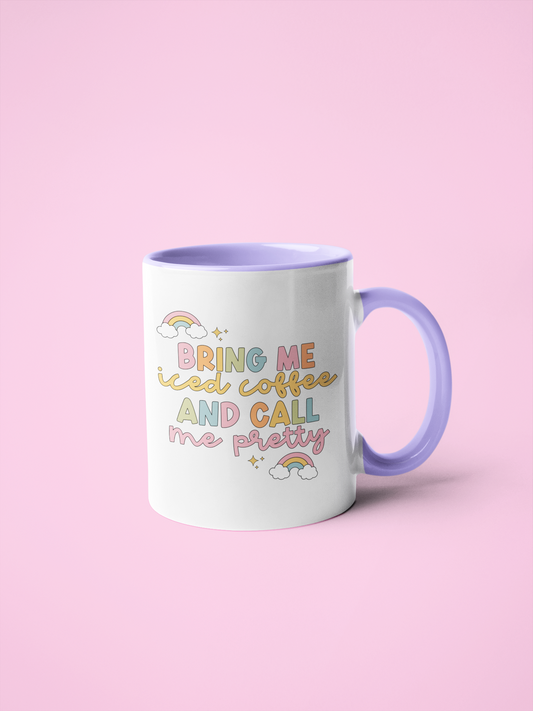 11oz White mug with purple handle, 'Bring Me Coffee And Call Me Pretty' quote with a girly rainbow design.