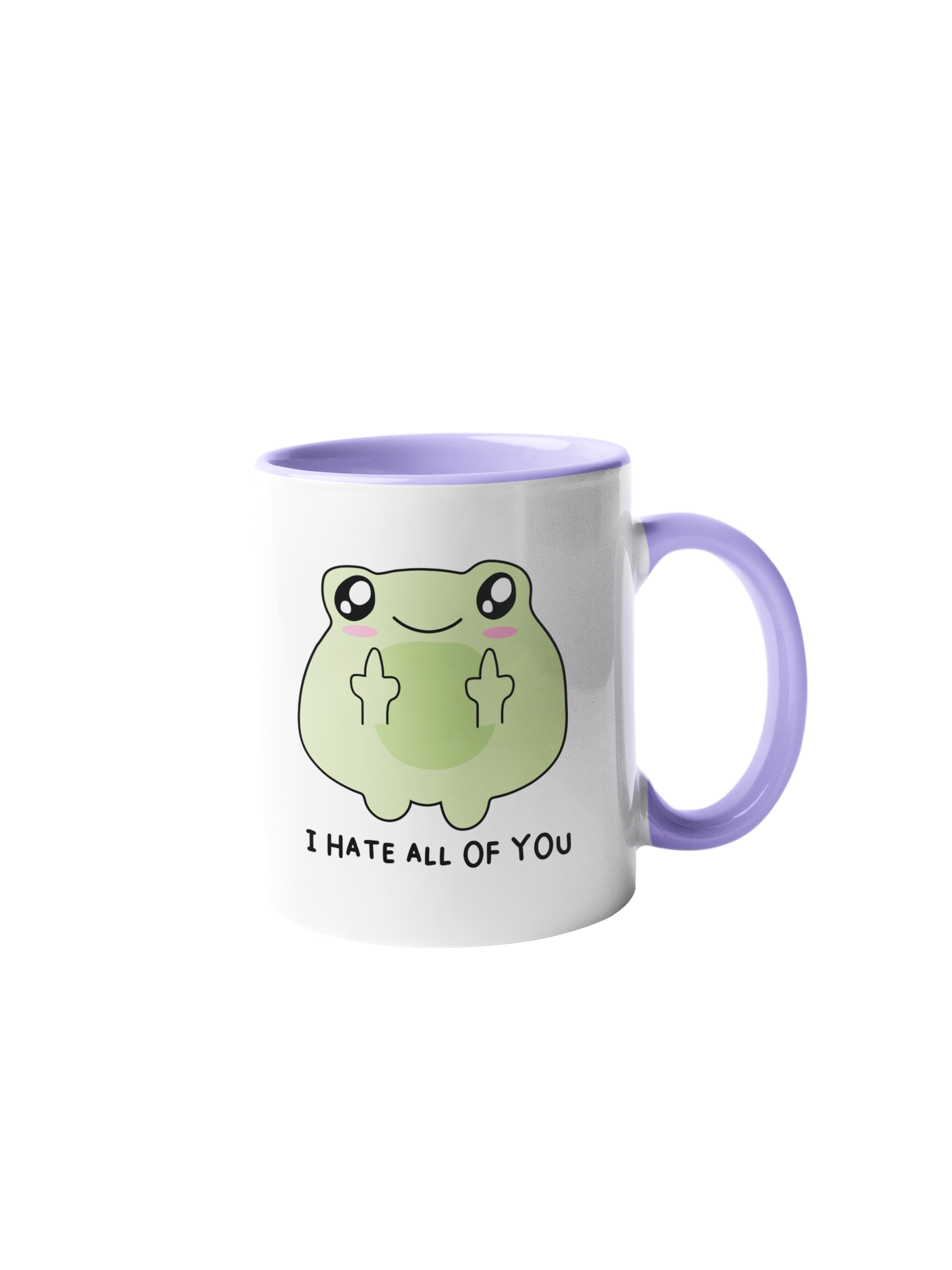 White Mug with a frog showing the world the middle finger with the quote ' i hate all of you'