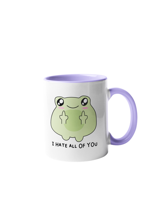 White Mug with a frog showing the world the middle finger with the quote ' i hate all of you'