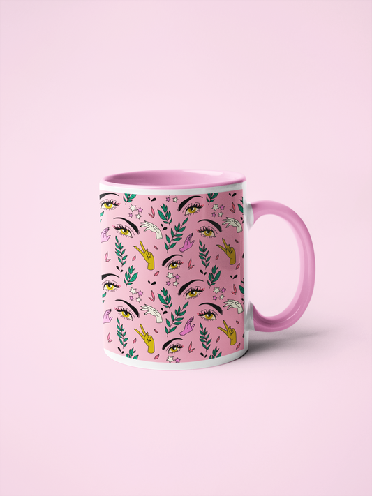 11oz white mug with pink handle, featuring a girly pink design with lady eyes and eyebrows