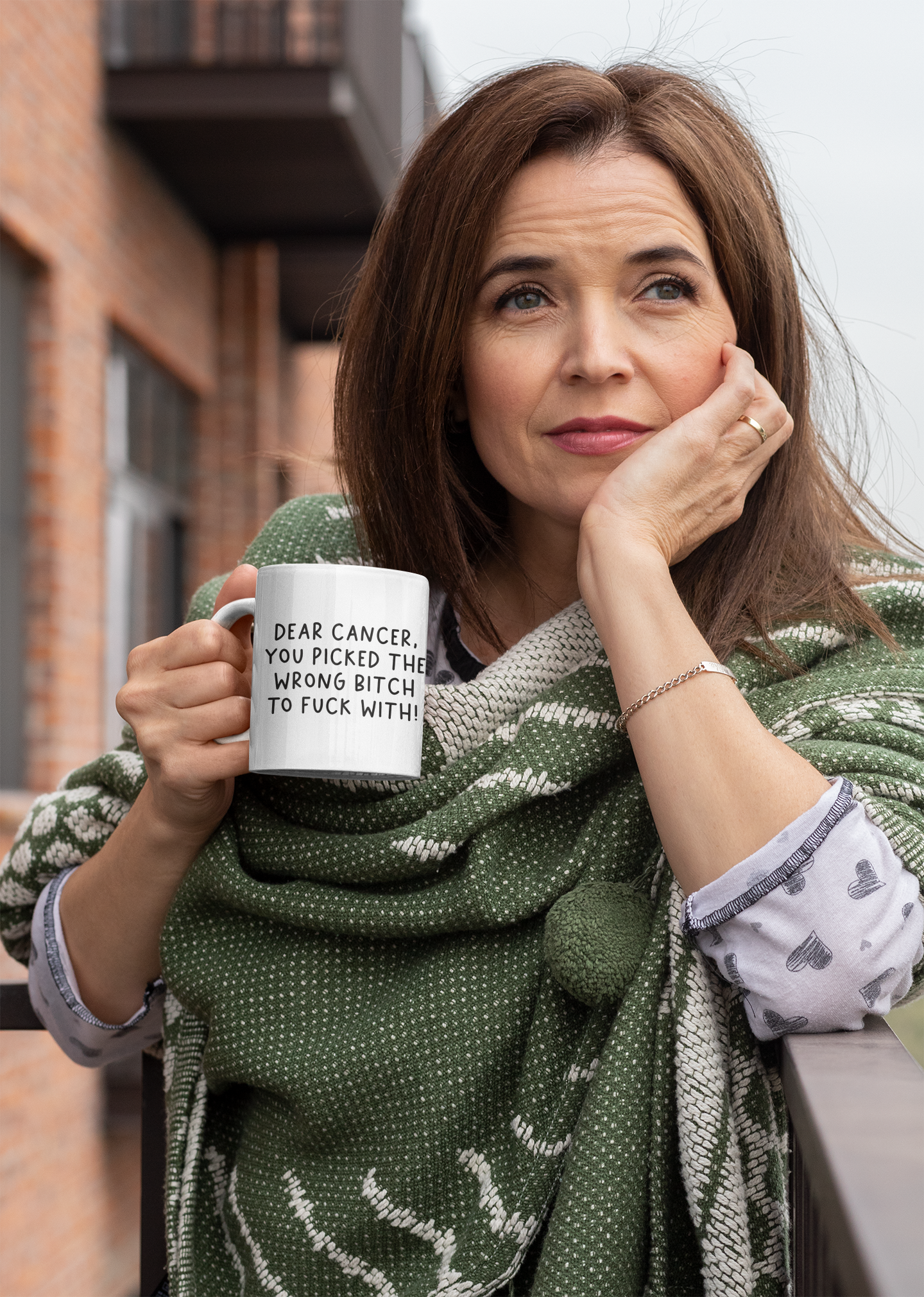 White mug featuring the quote 'dear cancer, you picked the wrong bitch to fuck with!' Situated in the middle in black ink.