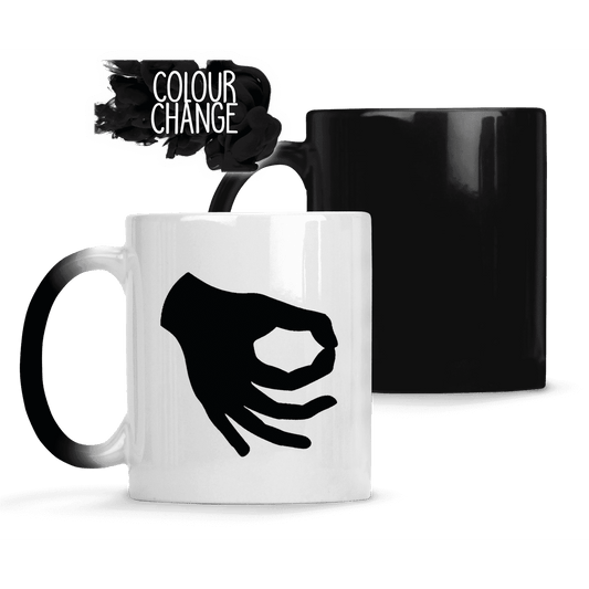 Black colour changing mug with the circle game symbol in the middle.