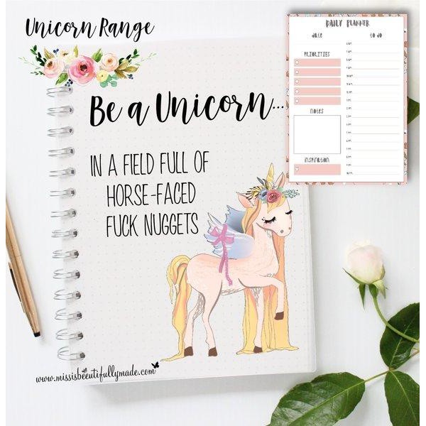 Funny unicorn planner book with the quote, be a unicorn in a field full of horse faced fuck nuggets. A choice of full binded or refillable. 100 pages, hardback. Full colour inserts with sections for priority, notes and a timeframe list. 