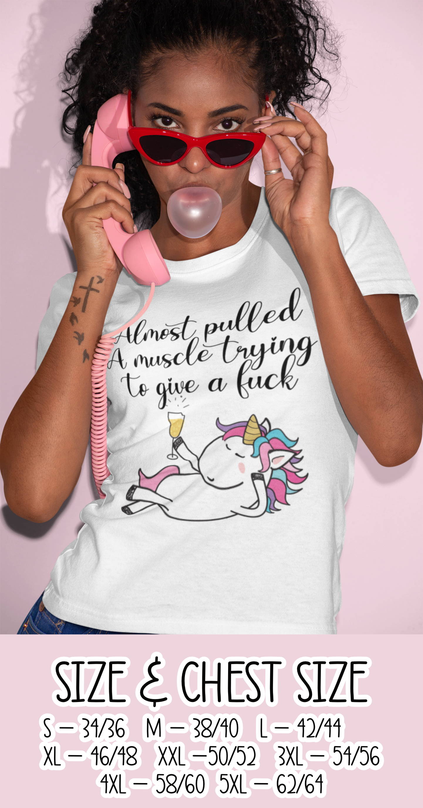 A white t-shirt with a fun unicorn design to the front. The funny quote 'almost pulled a muscle trying to give a fuck' is printed at the top in black ink. There is also a size guide situated to the bottom.
