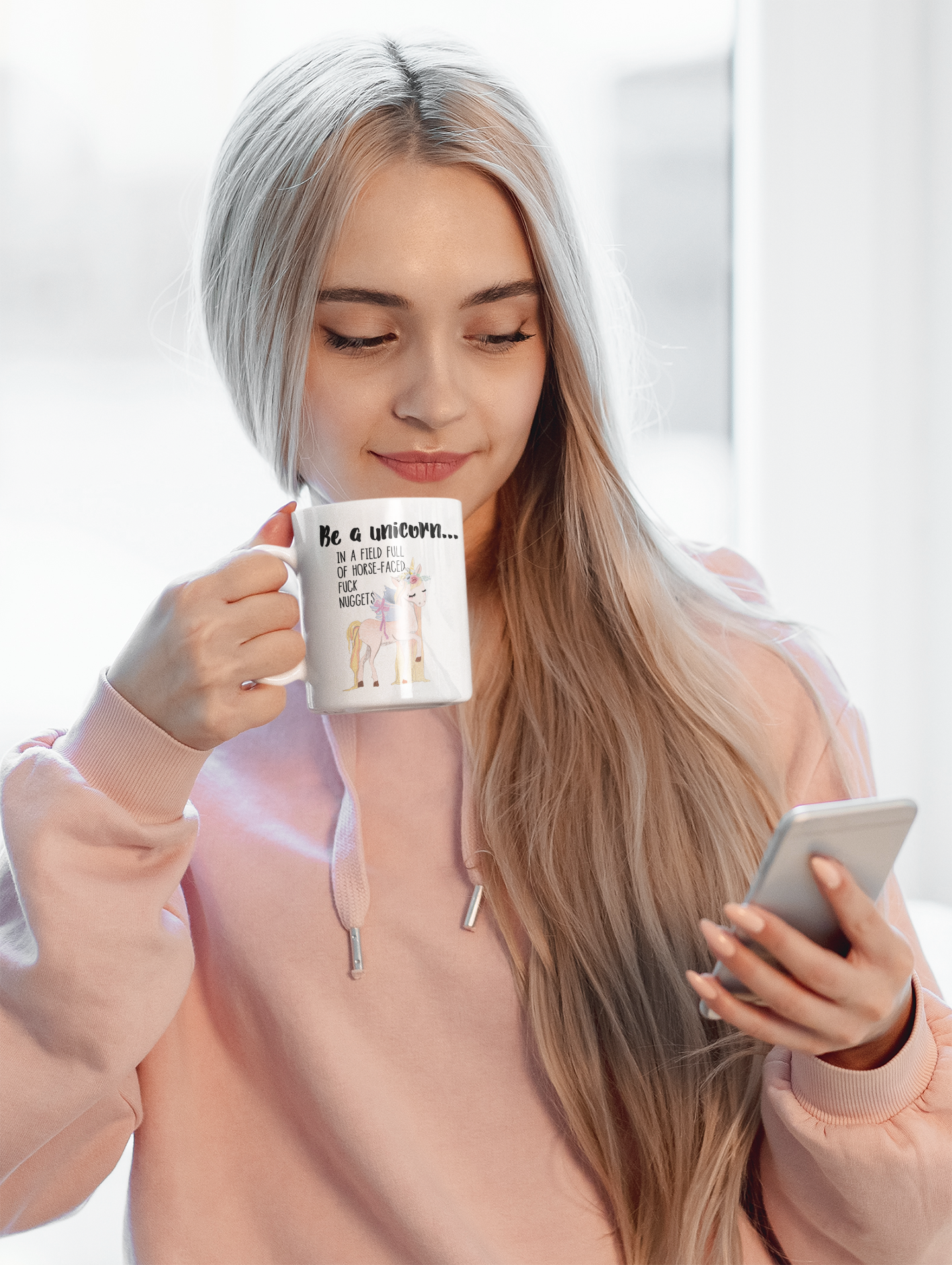 A white ceramic mug featuring a funny quote be a unicorn... In a field full of horsefaced, fucknuggets Printed in black ink with a cute pastel coloured unicorn underneath.