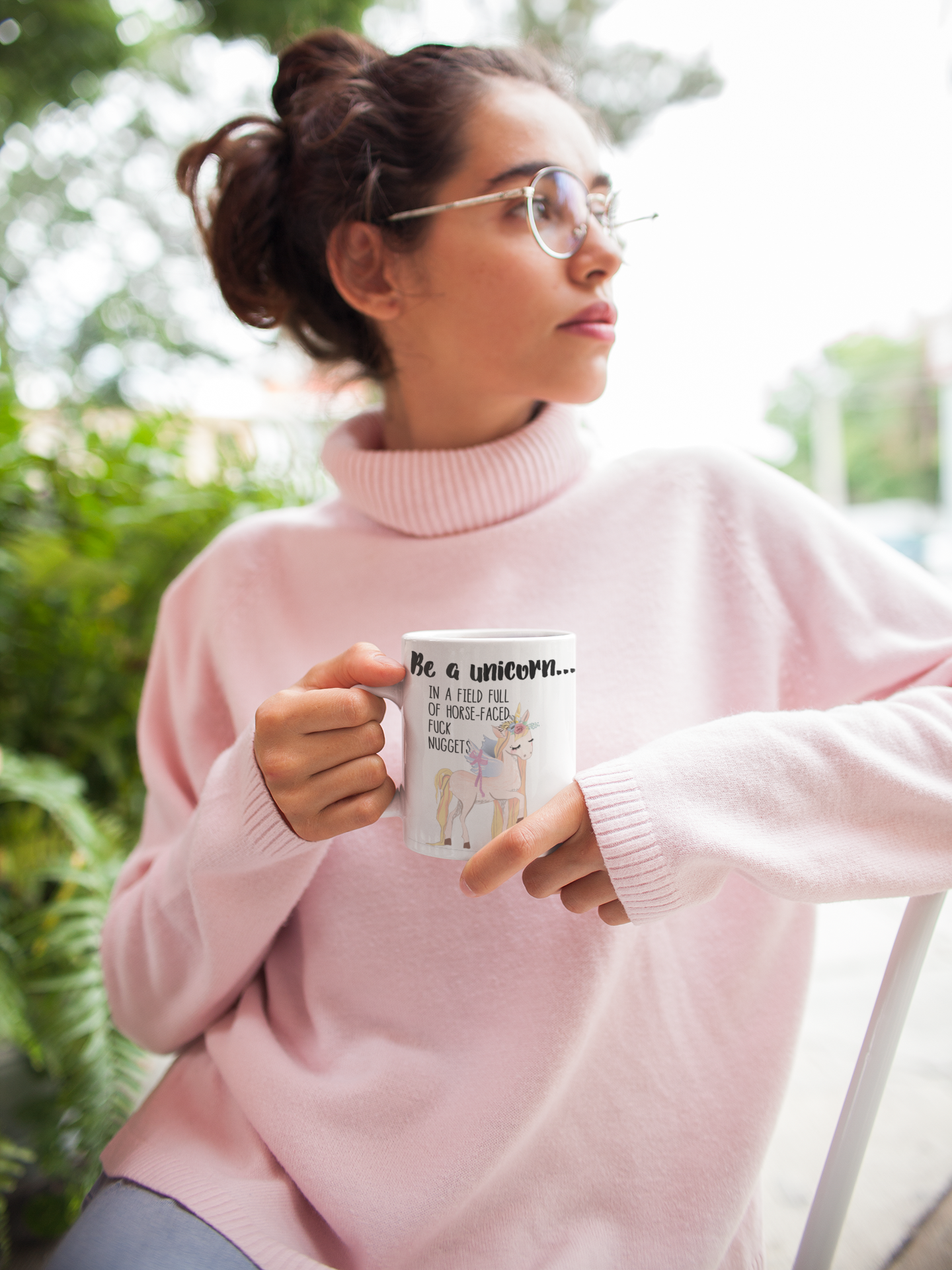 A white ceramic mug featuring a funny quote be a unicorn... In a field full of horsefaced, fucknuggets Printed in black ink with a cute pastel coloured unicorn underneath.