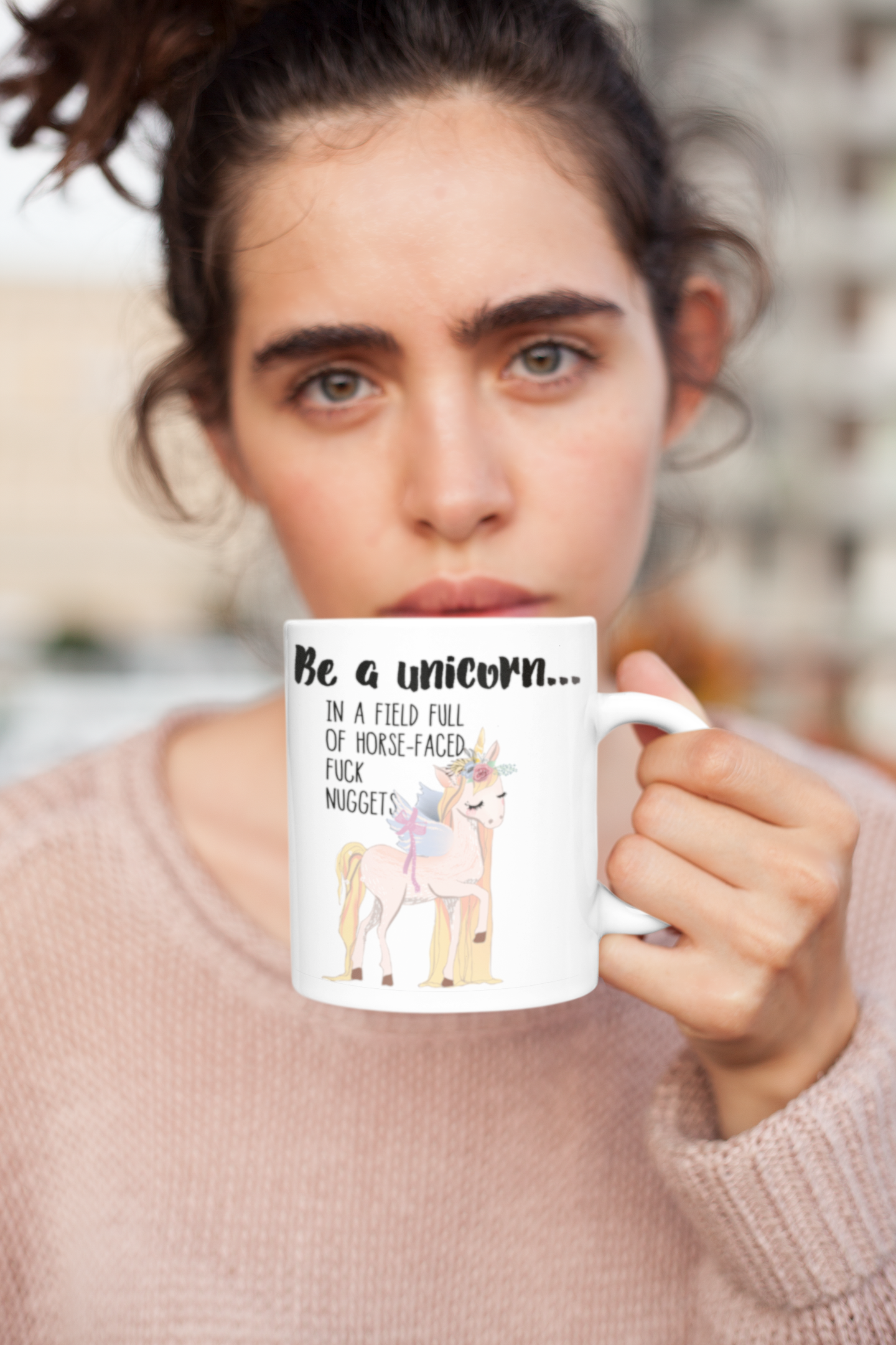 A white ceramic mug featuring a funny quote be a unicorn... In a field full of horsefaced, fucknuggets Printed in black ink with a cute pastel coloured unicorn underneath.