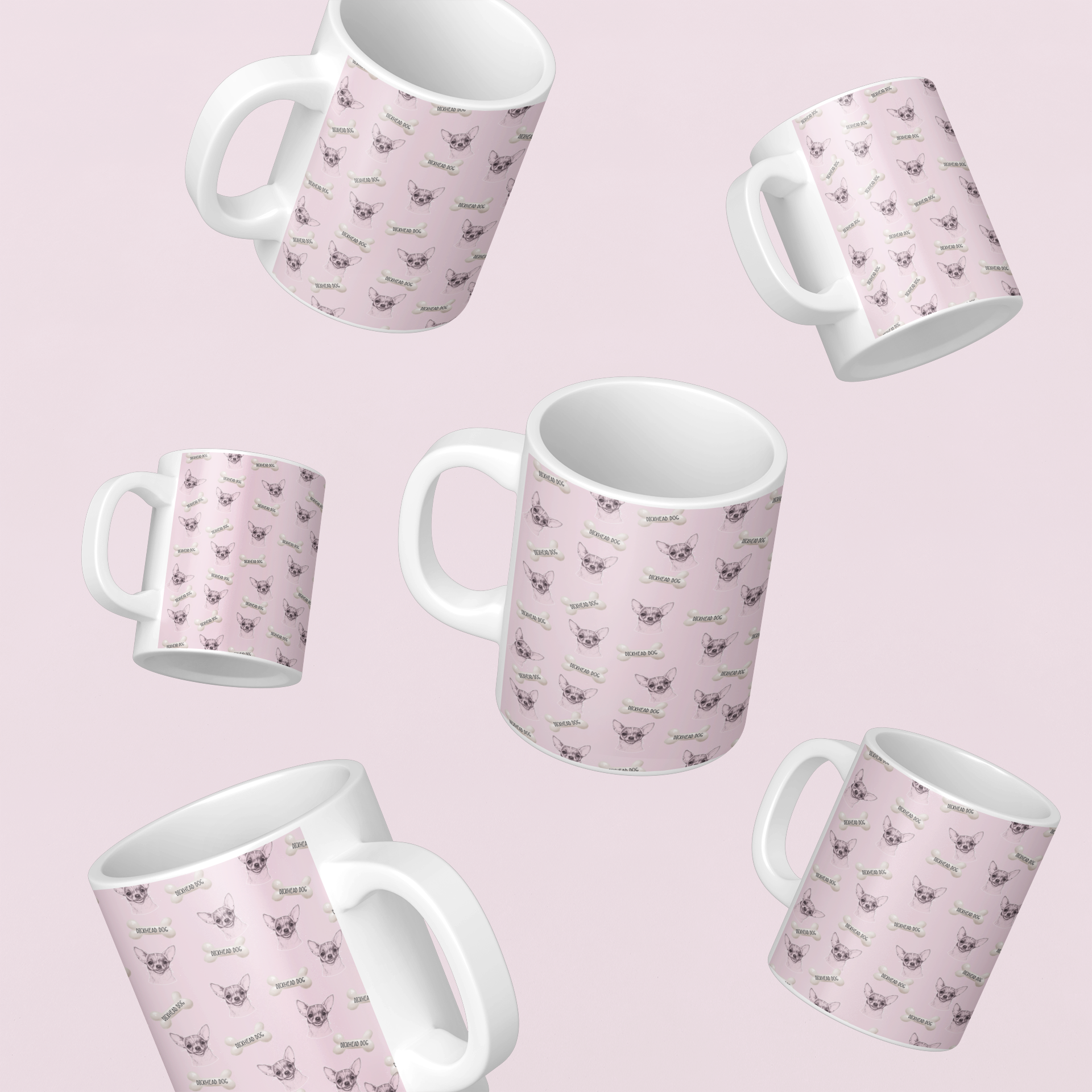 White mug with a full wrap pink colour featuring a continuous chihuahua design throughout. Between each dog is a bone with the words dickhead dog printed over the top.