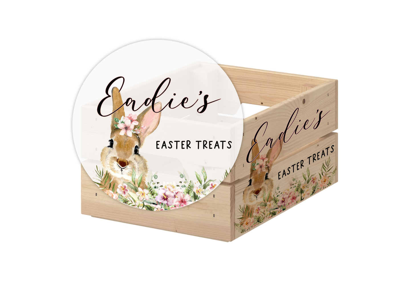 Mdf easter crate with a beautiful floral bunny design, personalised with a name & underneath reads easter treats.