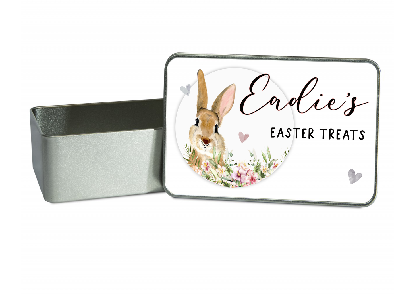 Silver tin with a white push down lid featuring a beautiful floral bunny design with hearts & the quote 'name - easter treats'.