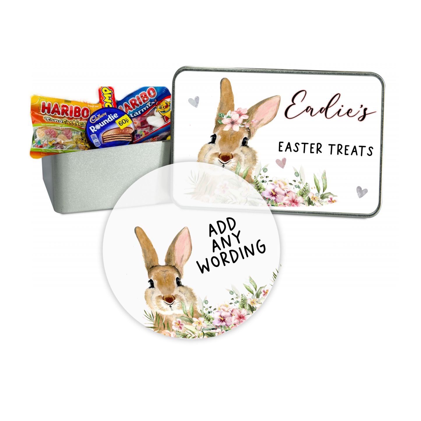 Silver tin with a white push down lid featuring a beautiful floral bunny design with hearts & the quote 'name - easter treats'.