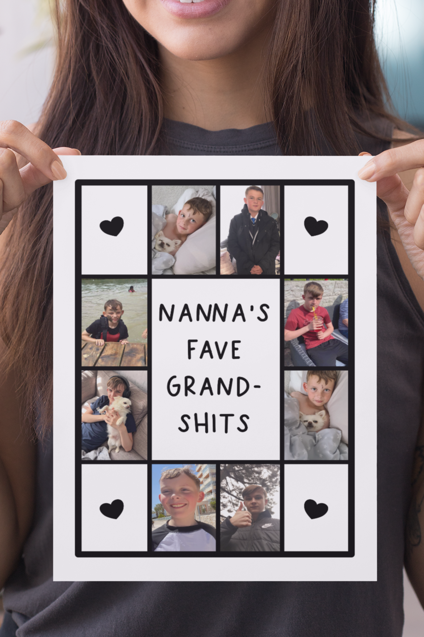 Square panel greetings card featuring personalised photos around the edge & a quote to the centre which reads 'nanna's fave grand-shits'.