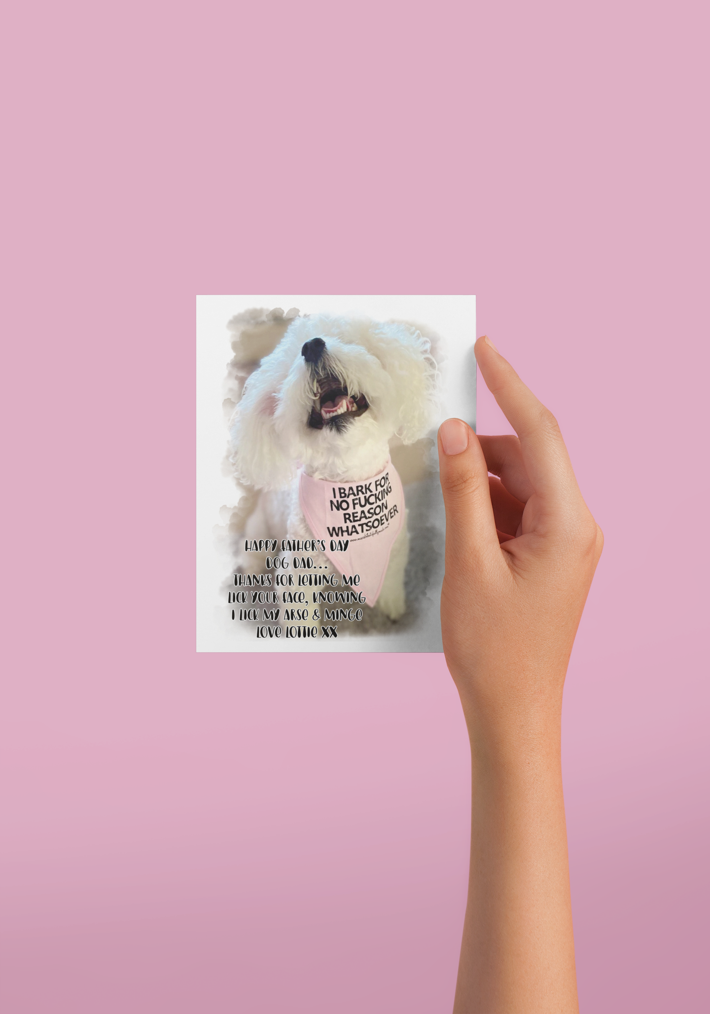 White greetings card with a personalised photo of a dog. It features a funny message to the bottom which reads 'happy father's dog dad... Thank you for letting me lick your face knowing i lick my arse & minge'.