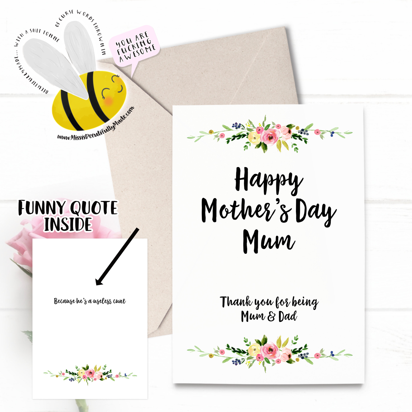 Mother's Day Card with a floral design to the top and bottom. Happy Father's Mum thank you for being mum and dad. Blank inside and supplied with a self seal envelope