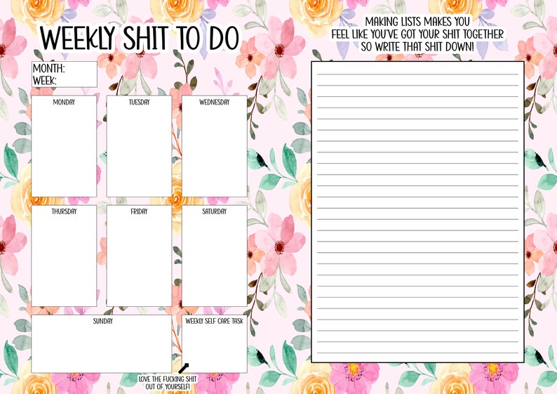 Digital notebook planner in a floral design with the quote this year I'm going to be a lot more cunty. A yearly planner with sections for notes, weekly planning and monthly planning. Funny affirmations throughout. Instant download
