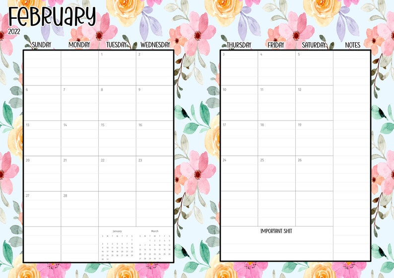 Digital notebook planner in a floral design with the quote this year I'm going to be a lot more cunty. A yearly planner with sections for notes, weekly planning and monthly planning. Funny affirmations throughout. Instant download