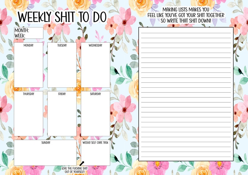 Digital notebook planner in a floral design with the quote this year I'm going to be a lot more cunty. A yearly planner with sections for notes, weekly planning and monthly planning. Funny affirmations throughout. Instant download
