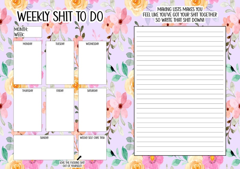 Digital notebook planner in a floral design with the quote this year I'm going to be a lot more cunty. A yearly planner with sections for notes, weekly planning and monthly planning. Funny affirmations throughout. Instant download