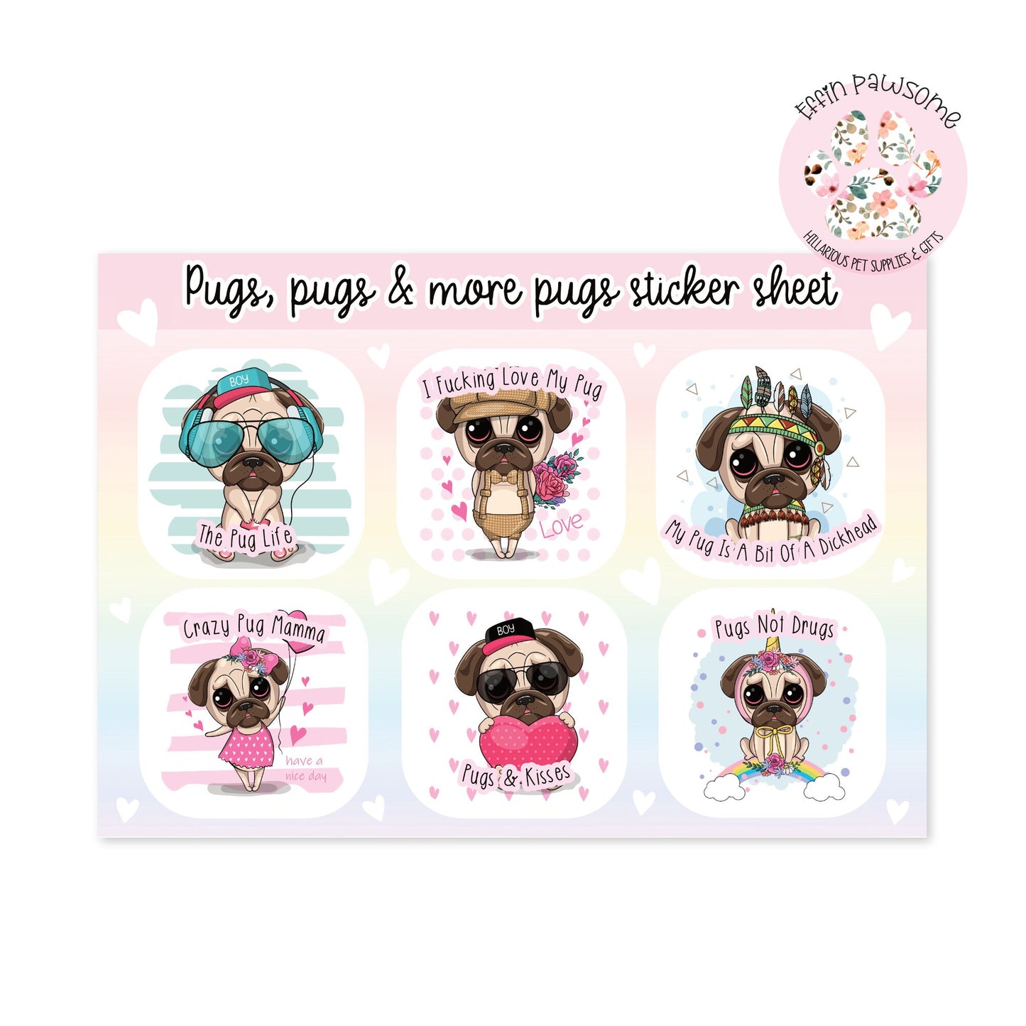 Funny Pug Sticker Sheet | Dog Stickers |Puppy stickers | Sticker Sheet | Journal Stickers | Novelty Gift Idea | Funny Decals | Dog Lovers