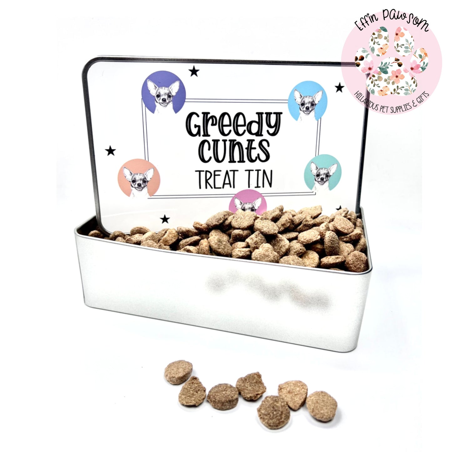 Greedy Cunts Treat Tin | Dog Treats, Dog Breeds | New Pet Gift | Storage Idea | New Home Gift | New Pet | Biscuit Tin | Storage Tin | Funny