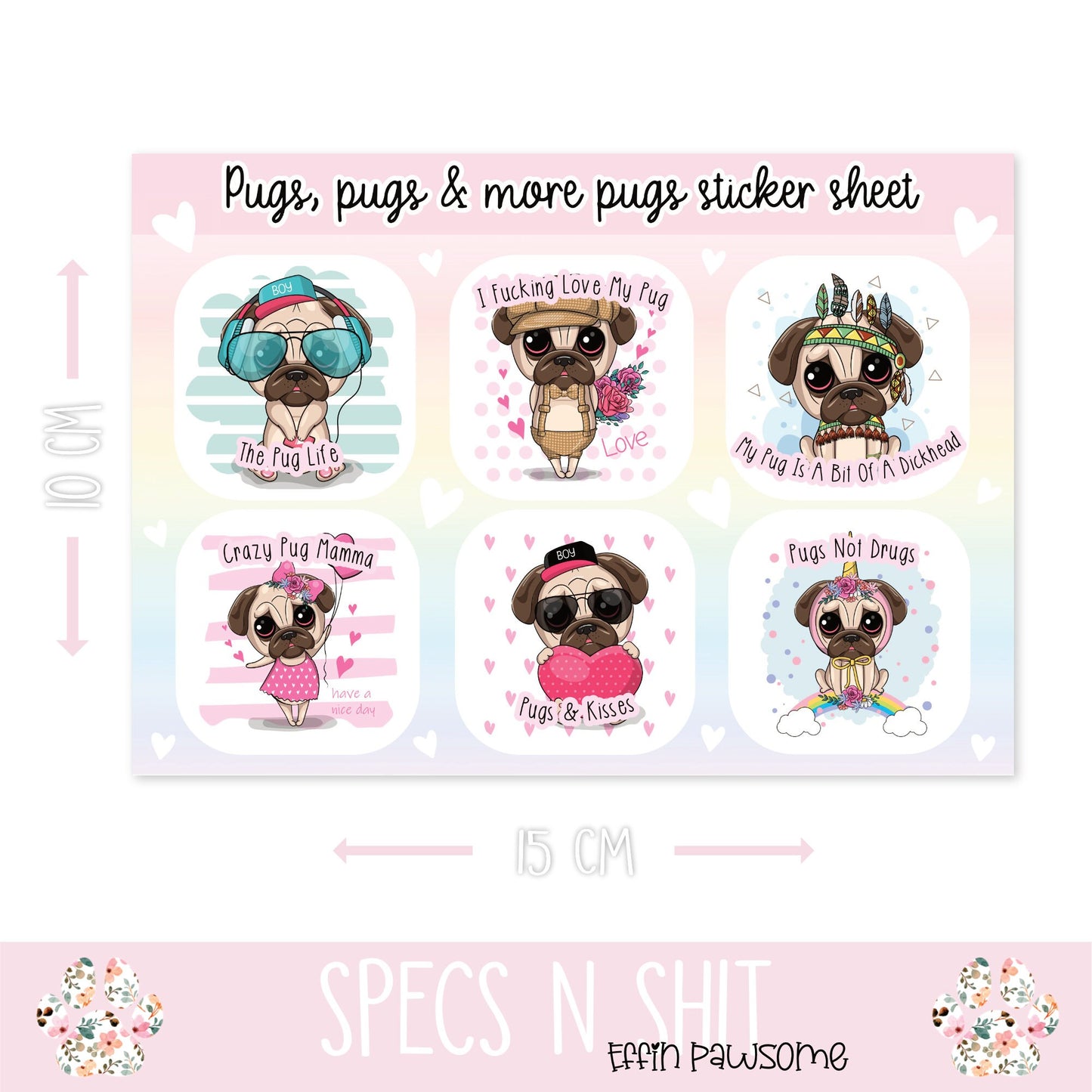 Funny Pug Sticker Sheet | Dog Stickers |Puppy stickers | Sticker Sheet | Journal Stickers | Novelty Gift Idea | Funny Decals | Dog Lovers