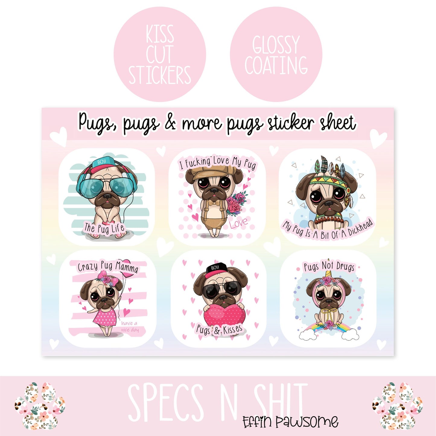 Funny Pug Sticker Sheet | Dog Stickers |Puppy stickers | Sticker Sheet | Journal Stickers | Novelty Gift Idea | Funny Decals | Dog Lovers
