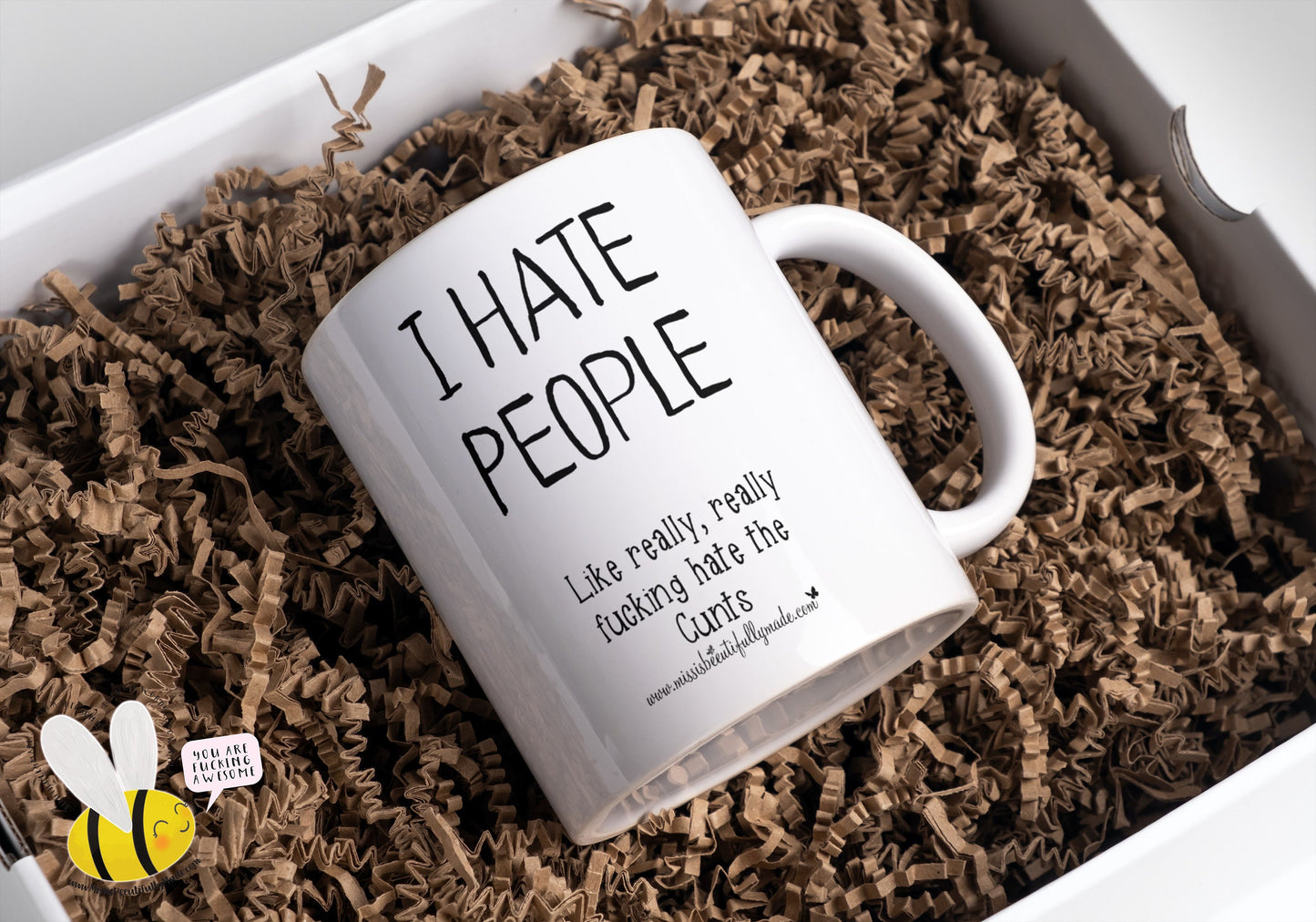 Very funny white ceramic mug with a profanity quote printed to the front I hate people, like really really fucking hate the cunts. The text is printed in black ink.