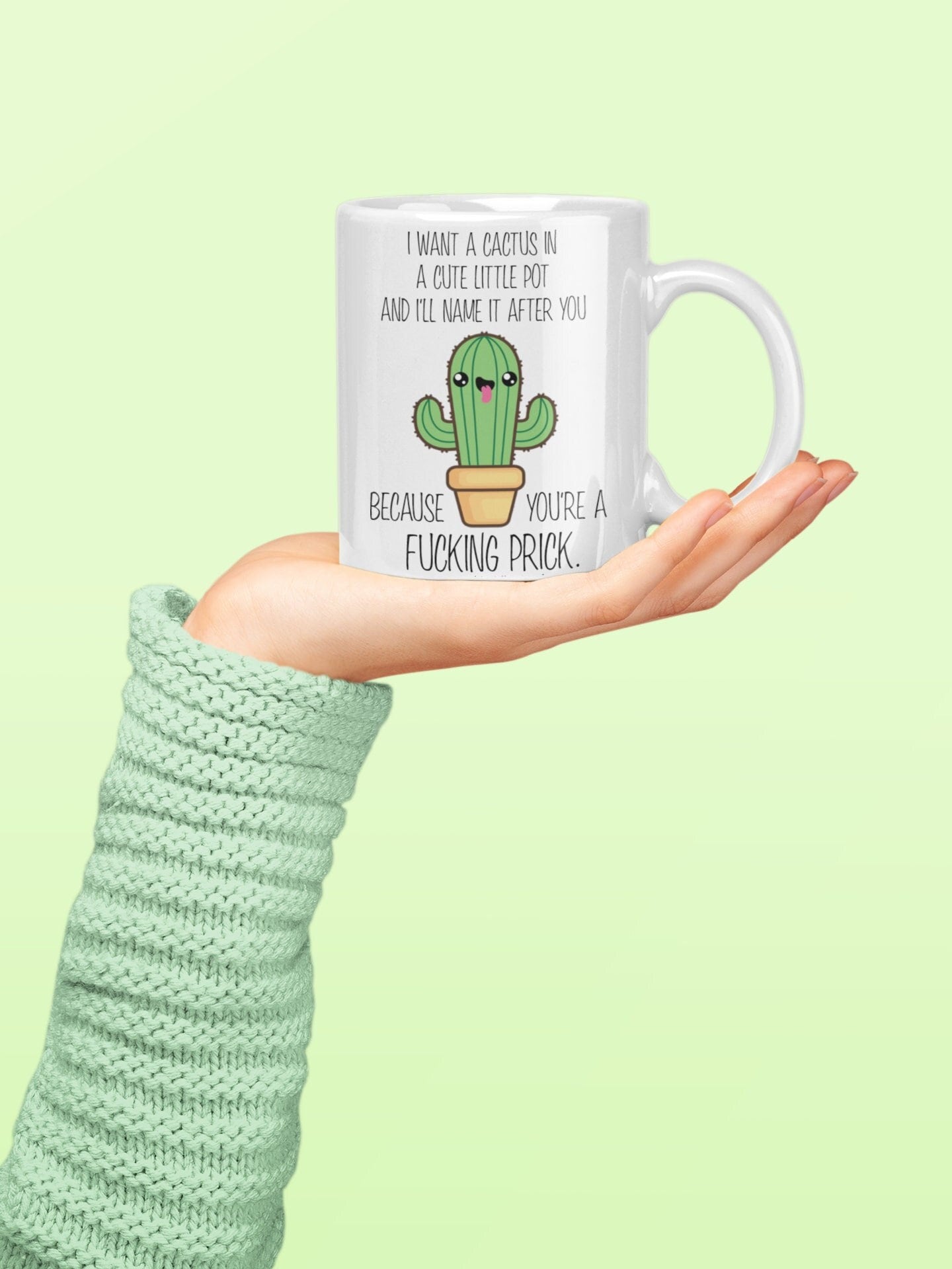 A white ceramic mug featuring a funny quote i want a cactus in a cute little pot & i'll name it after you because you're a fucking prick. Printed in black ink with a cute coloured cactus design underneath.