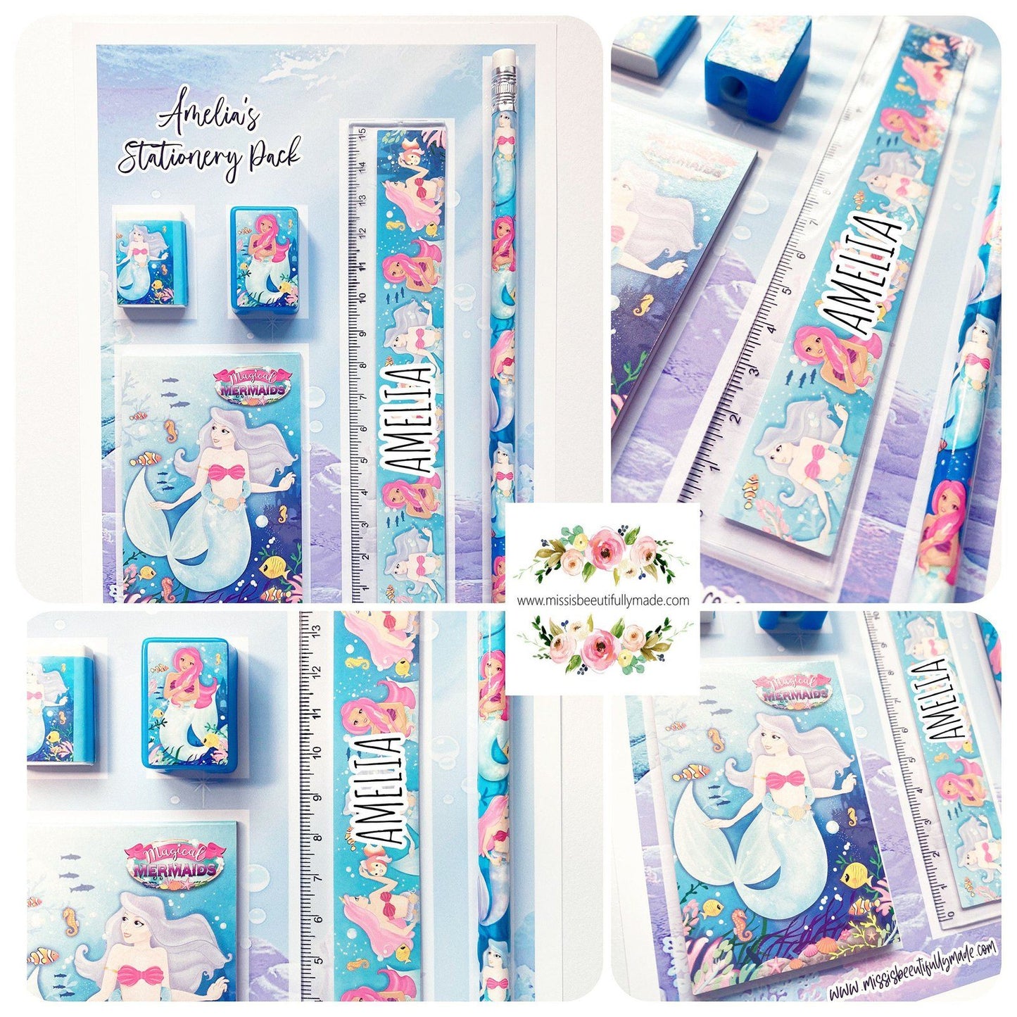 Personalised Children's stationery set in a mermaid, under the sea design. The contents are, rubber, sharpener, notepad, ruler & pencil. All complete on a personalised backing card. The ruler is also personalised with Childs name.