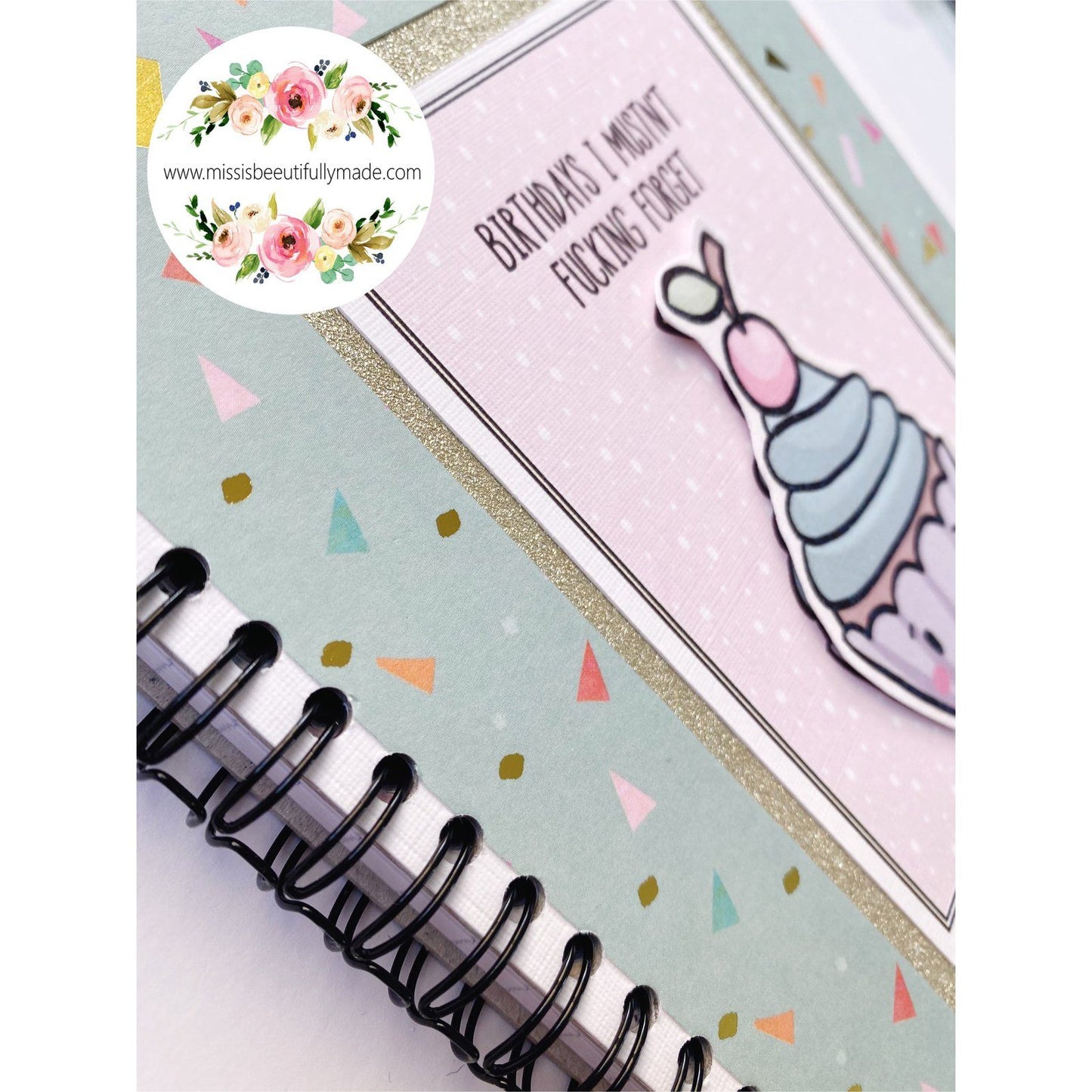 Handmade birthday planner book, high quality papers & embellishments. Cute kawaii design, light pastel rainbow colours and gold glitters. Contains pages for keeping track of upcoming birthdays, gift tracker pages, a folder for storing cards.