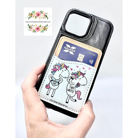 Leather Phone Case Wallet - Unicorn twatwaffle & bunglecunt (white)