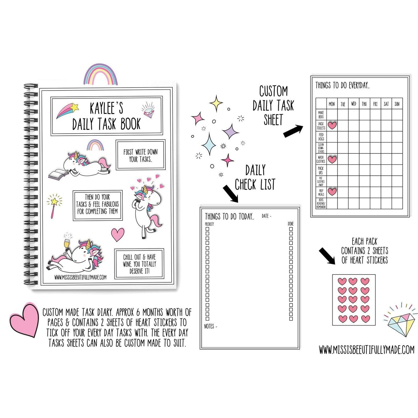 Daily Tasks diary/notebook- Unicorn with heart stickers