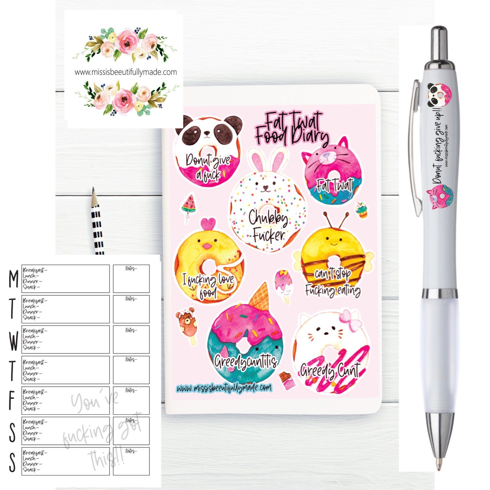 Fat fucker food diary with 200 days worth of planner pages. Each page has sections for breakfast, lunch and tea with snacks and treats. Folded and stapled book with a funny and sweary donut design to the front. Matching Pen also available.