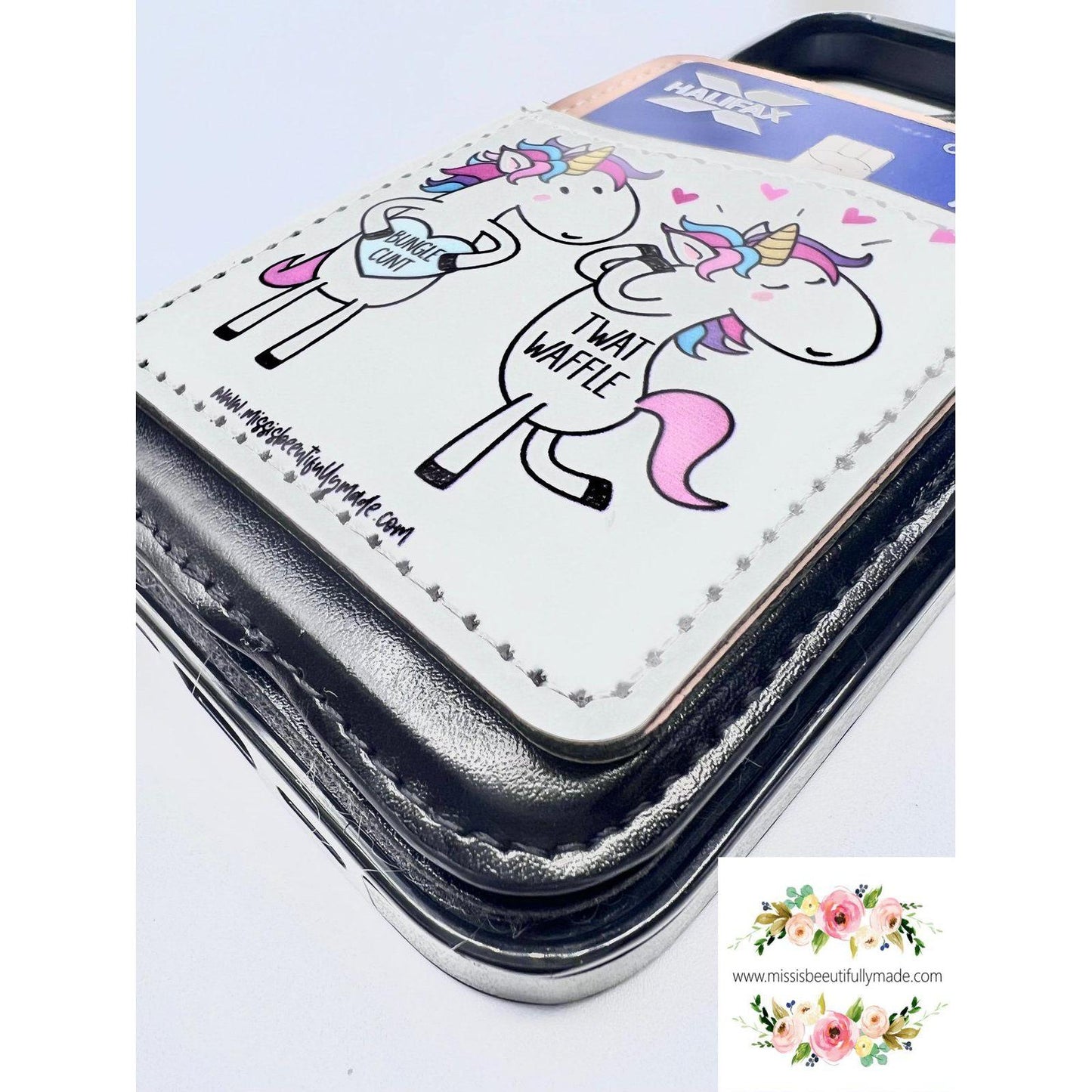Leather Phone Case Wallet - Unicorn twatwaffle & bunglecunt (white)