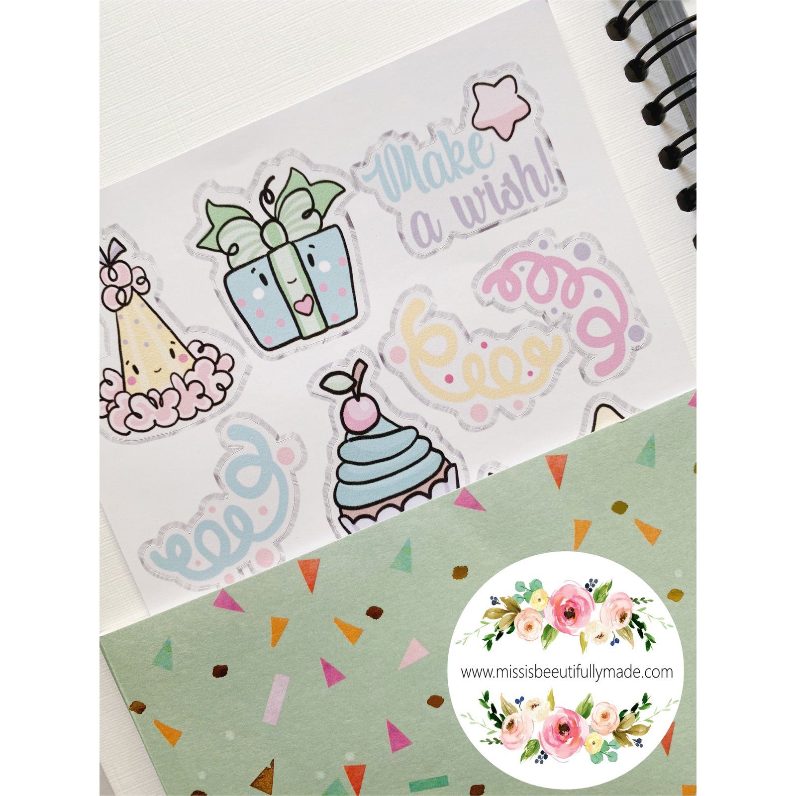 Handmade birthday planner book, high quality papers & embellishments. Cute kawaii design, light pastel rainbow colours and gold glitters. Contains pages for keeping track of upcoming birthdays, gift tracker pages, a folder for storing cards.
