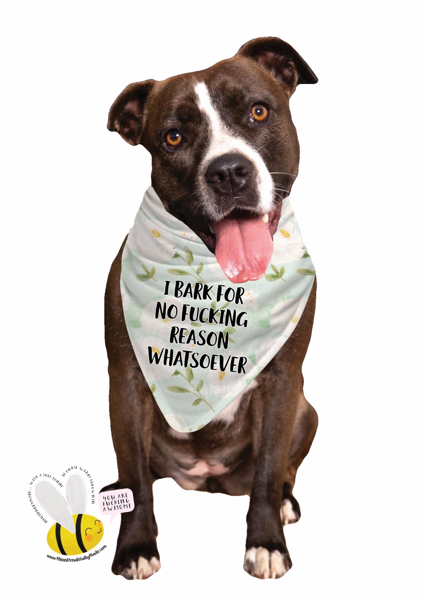 Dog Bandana - I bark for no fucking reason whatsoever (green floral)