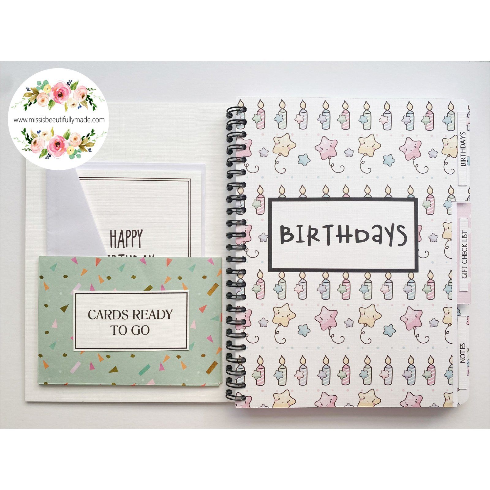 Handmade birthday planner book, high quality papers & embellishments. Cute kawaii design, light pastel rainbow colours and gold glitters. Contains pages for keeping track of upcoming birthdays, gift tracker pages, a folder for storing cards.