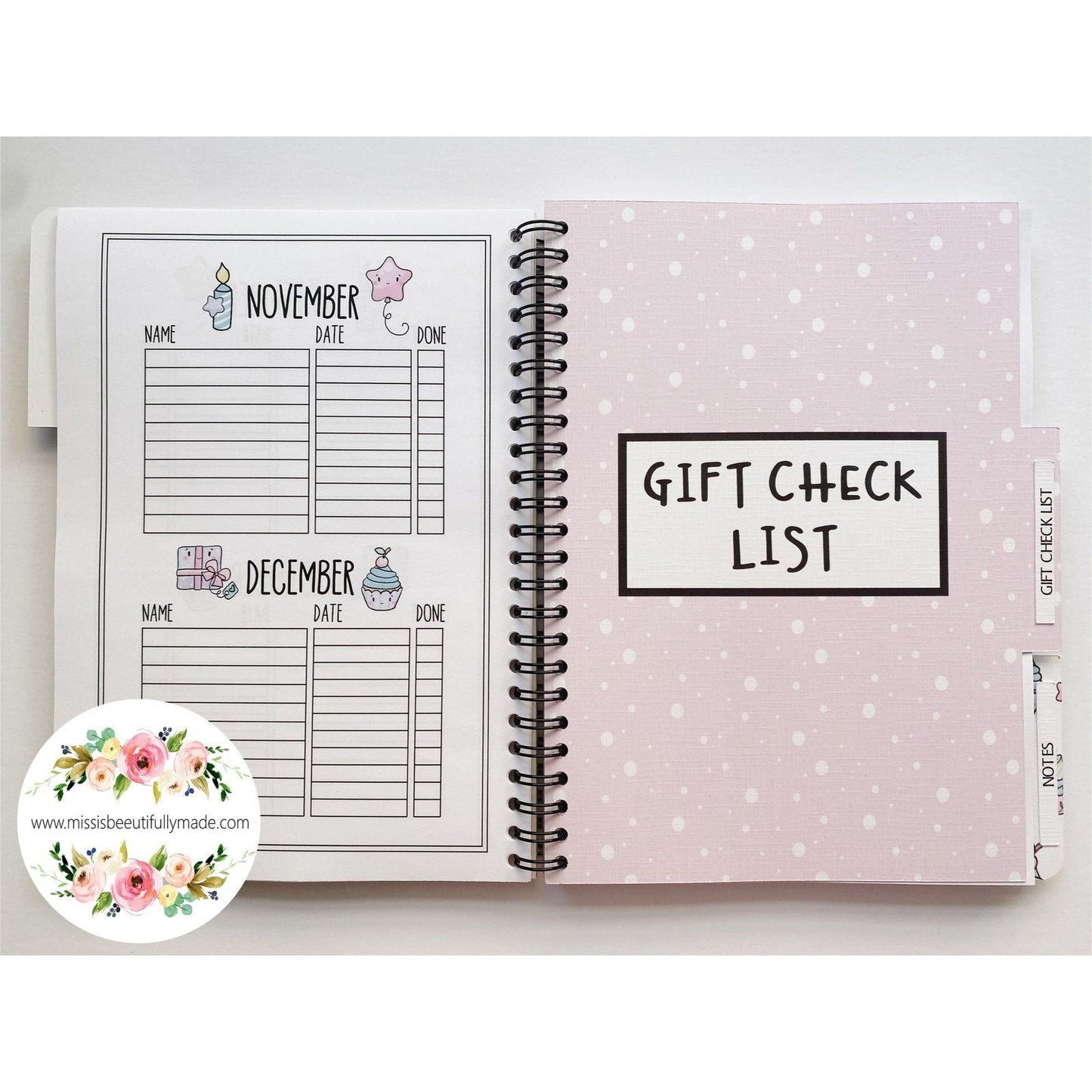 Handmade birthday planner book, high quality papers & embellishments. Cute kawaii design, light pastel rainbow colours and gold glitters. Contains pages for keeping track of upcoming birthdays, gift tracker pages, a folder for storing cards.