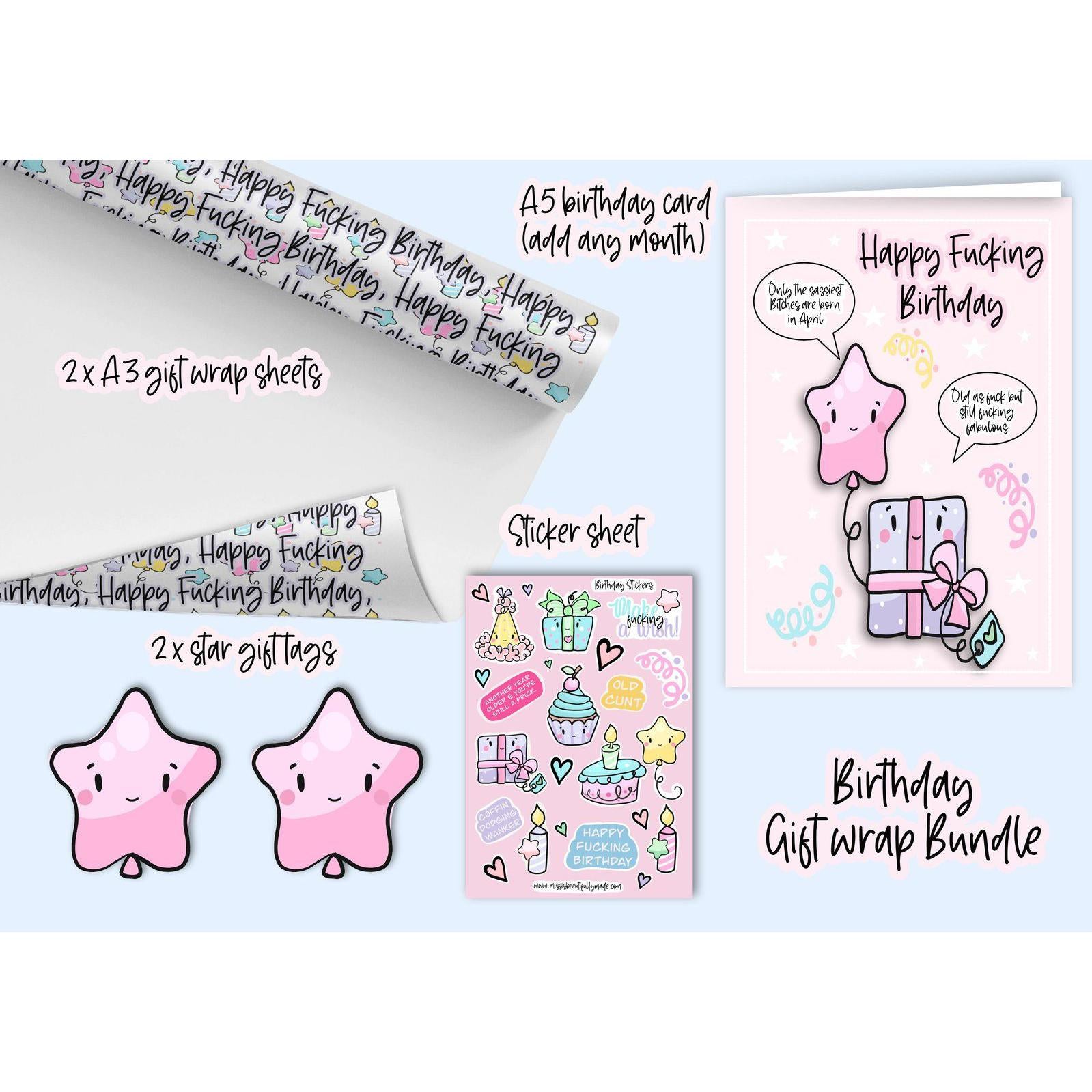 birthday gift wrap bundle with a cute kawaii design. Contains 2 A3 gift wrap sheets, A5 card with custom month, sticker sheet, @ gift tags, all containing our hilarious sweary quotes i.e Happy fucking birthday, old cunt, coffin dodging wanker.