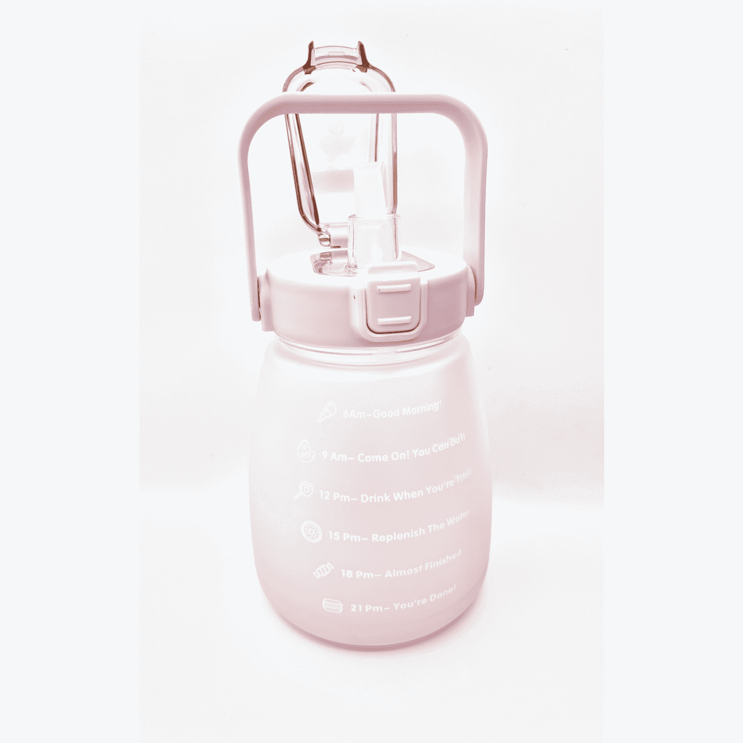 1.5 later water bottle with a handle in a choice of pink or purple. You can sip from the spout or use a straw. It has white vinyl details which says drink your fucking water own one side and the other side has a helpful timely tracker