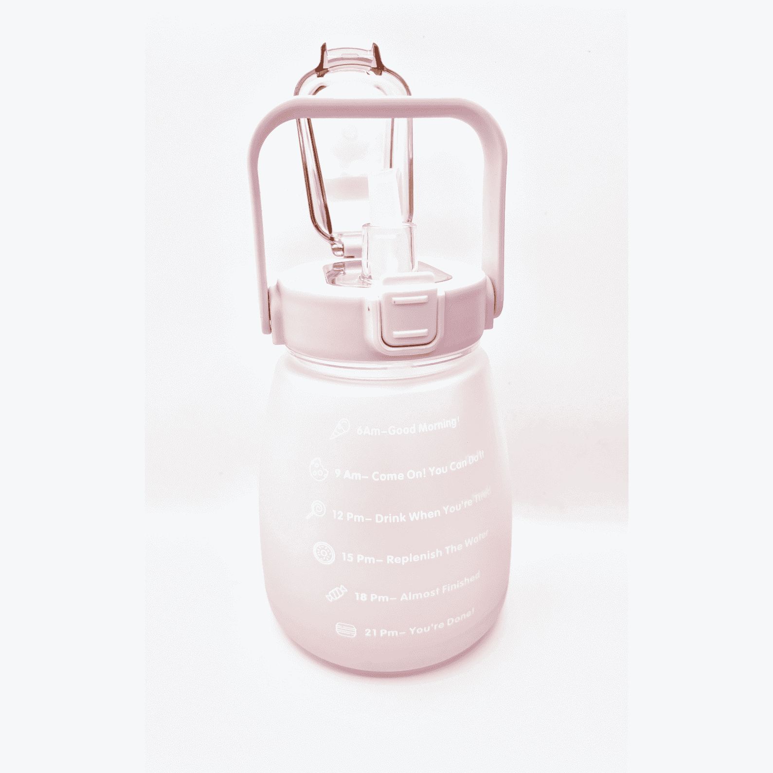 1.5 later water bottle with a handle in a choice of pink or purple. You can sip from the spout or use a straw. It has white vinyl details which says drink your fucking water own one side and the other side has a helpful timely tracker