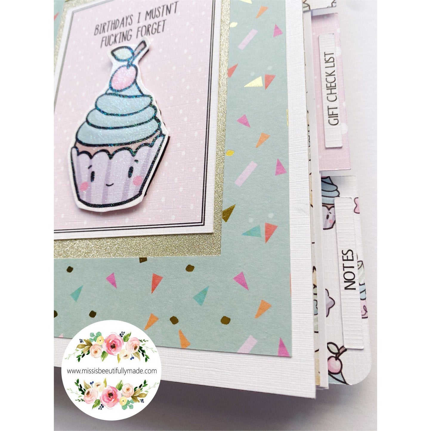 Handmade birthday planner book, high quality papers & embellishments. Cute kawaii design, light pastel rainbow colours and gold glitters. Contains pages for keeping track of upcoming birthdays, gift tracker pages, a folder for storing cards.