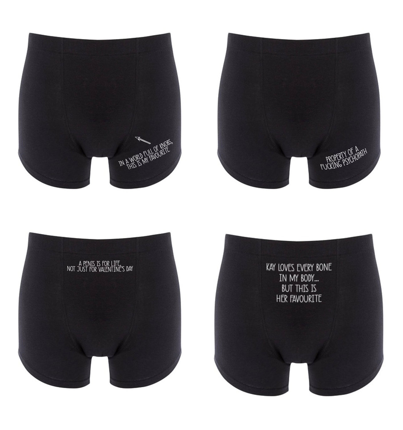 4 pairs of mens boxer short. pants featuring different adult banter quotes to the left legs, in white.